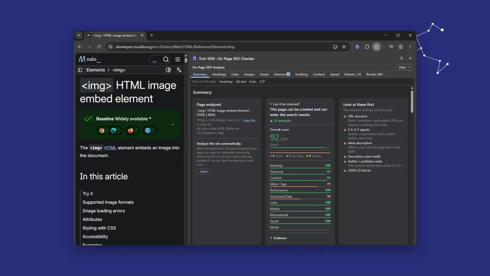Chrome'da bir MDN başvuru sayfasının yanında açık Turk SEM : On Page SEO Checker yan paneli: hangi sayfanın analiz edildiği, sayfanın indekslenip indekslenemeyeceği, genel puan ve her kategorinin puanı.