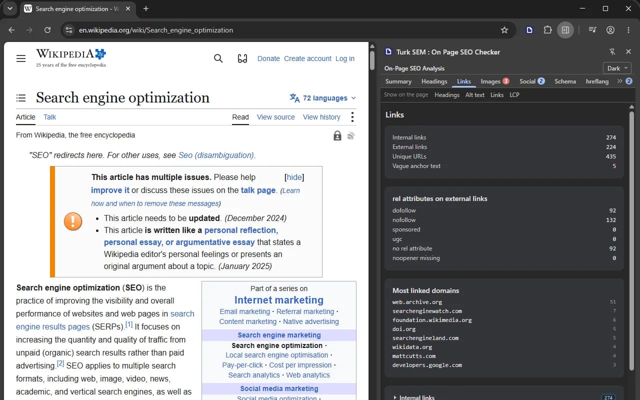 Wikipedia'nın arama motoru optimizasyonu makalesinin yanındaki Linkler bölümü: 274 iç ve 224 dış link, rel öznitelik dağılımı ve en çok link verilen alan adları listesi.