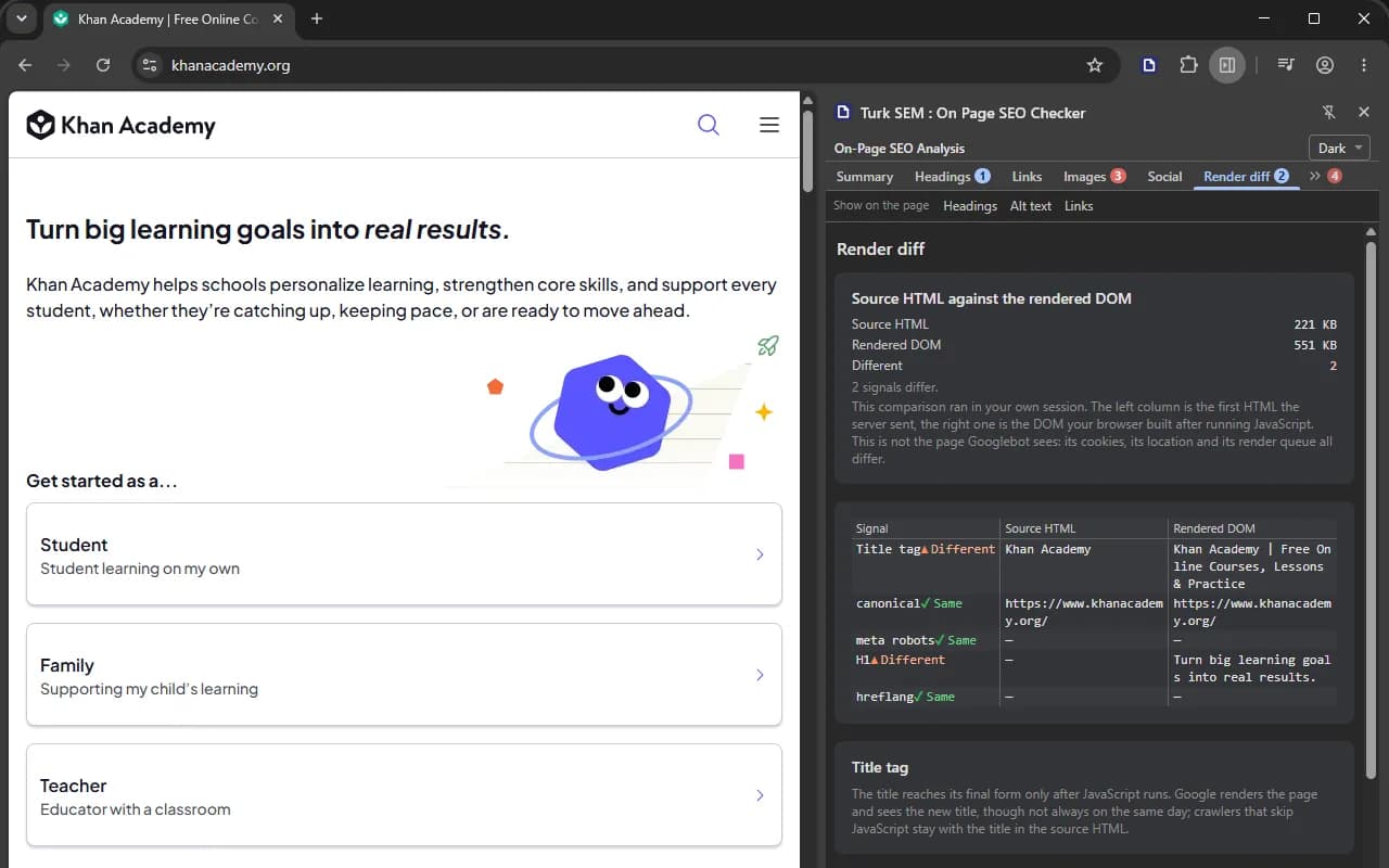 JavaScript yoğun bir ana sayfanın yanındaki Render farkı bölümü: 221 KB kaynak HTML'e karşı 552 KB render edilmiş DOM; başlık ile H1 farklı, canonical, meta robots ve hreflang aynı işaretlenmiş.