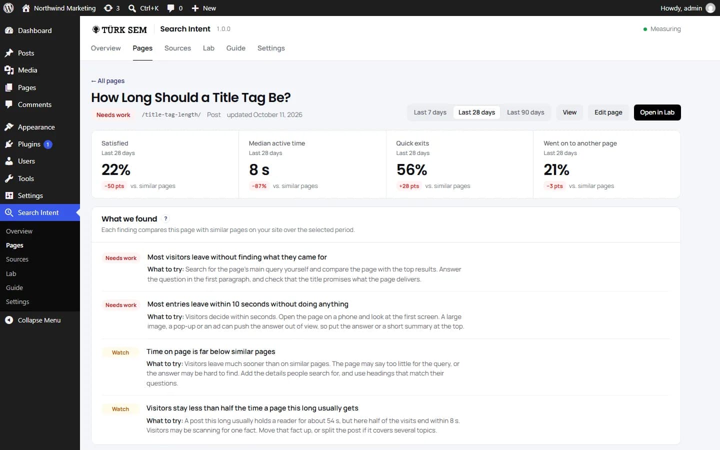 One page in Search Intent: its four numbers against similar pages, then each finding with a suggestion of what to try.