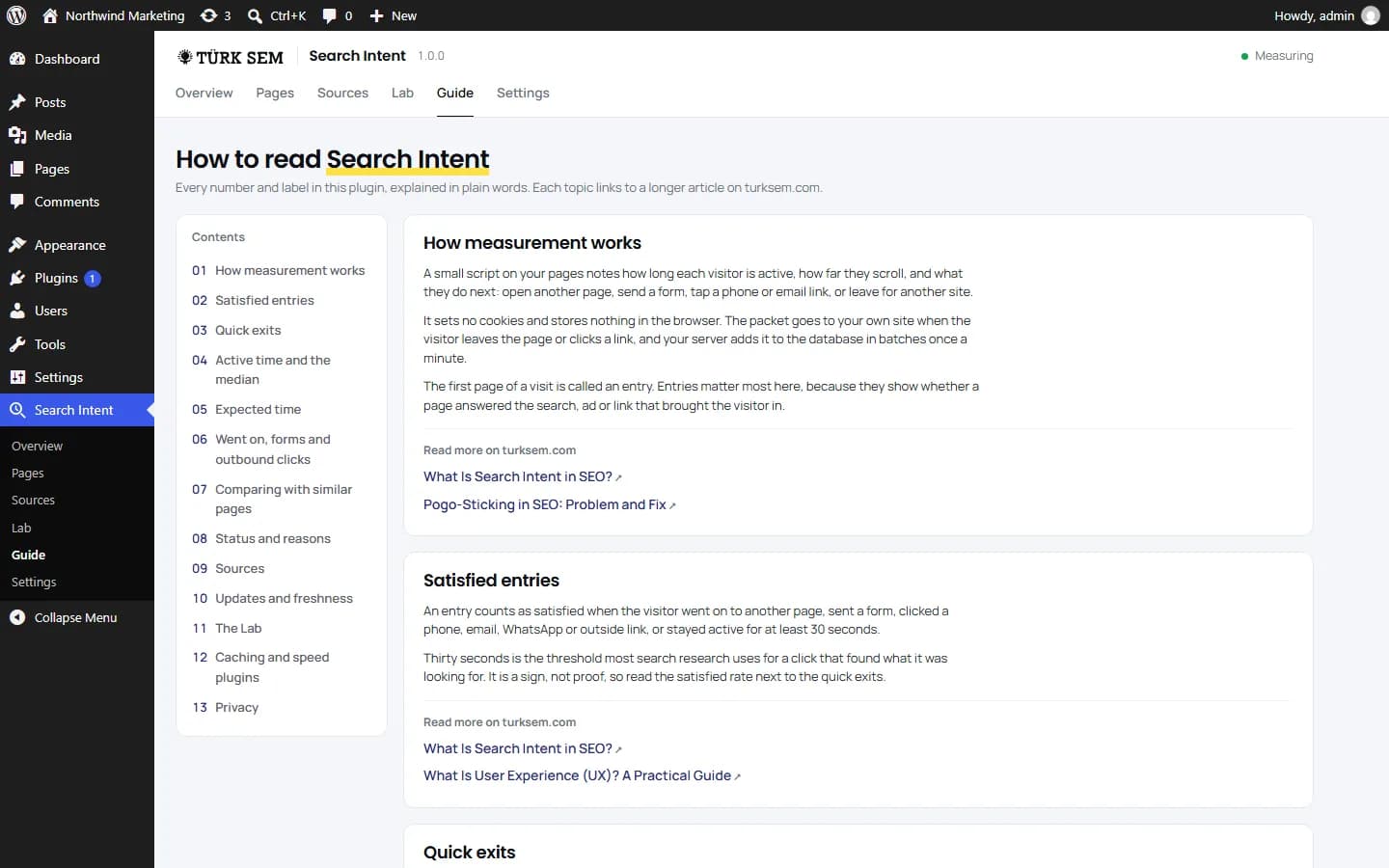 The guide inside the plugin: thirteen topics on the left and plain explanations on the right, each with links to longer articles.