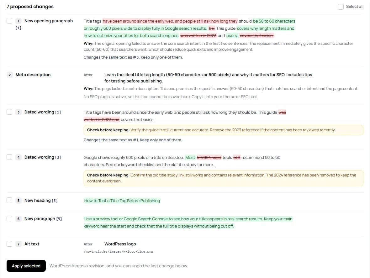 Proposed changes in the Lab: a new opening paragraph marked up word by word, with removed words struck through and added words highlighted, a meta description, dated wording with a note on what to check, a new section and an image alt text.