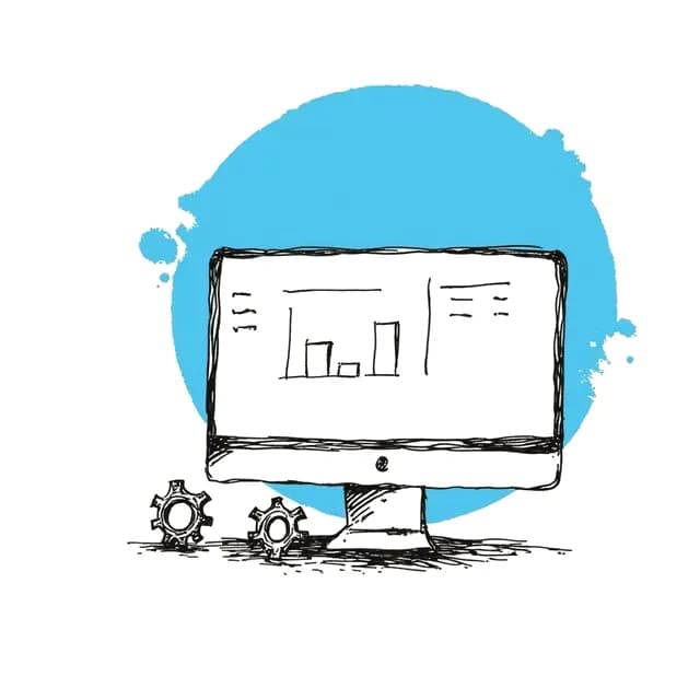 Web yazılım geliştirmeyi anlatan çizim: panel ekranı ve dişliler