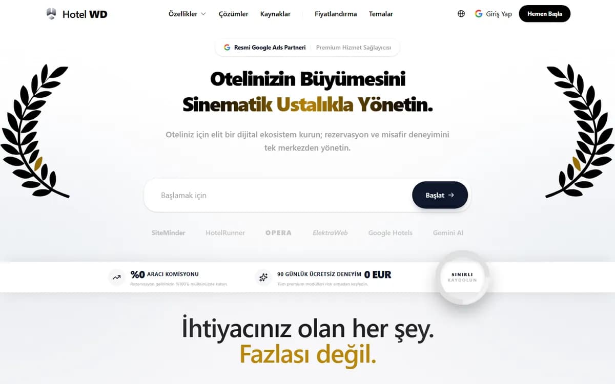 Türk SEM'in Next.js ile geliştirdiği HotelWD sitesinin masaüstü görünümü
