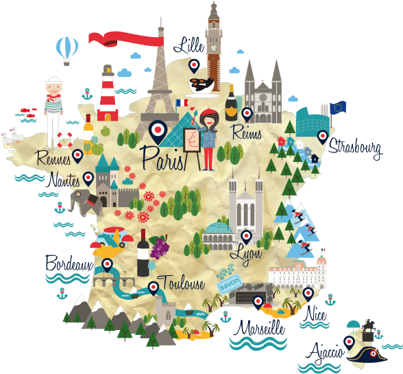 Eine illustrierte Frankreichkarte, Städte mit Nadeln markiert: Paris, Lyon, Bordeaux, Marseille und weitere