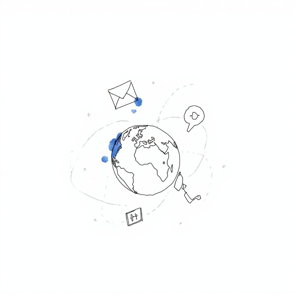Marketing symbols drifting in thin orbits around the globe: an envelope, a magnifier, a speech bubble and a play button