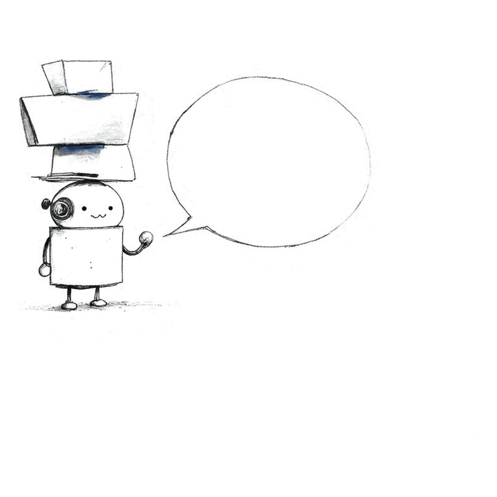 Küçük bir robot, başının üstünde üç kâğıt kartla bir konuşma balonu kuruyor; ortadaki kart indigo