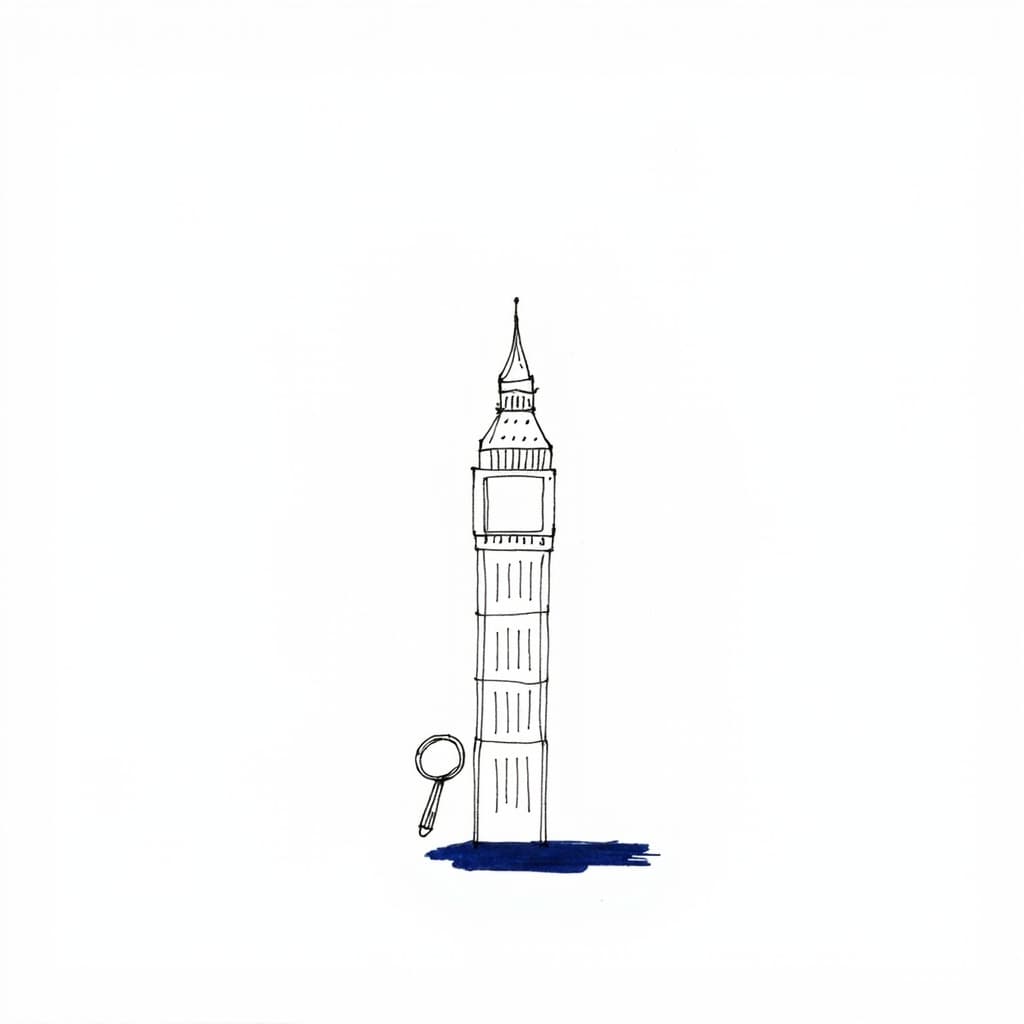 Der Uhrturm Big Ben in feinen Linien, eine Lupe an seinen Fuß gelehnt: Sichtbarkeit in der britischen Suche