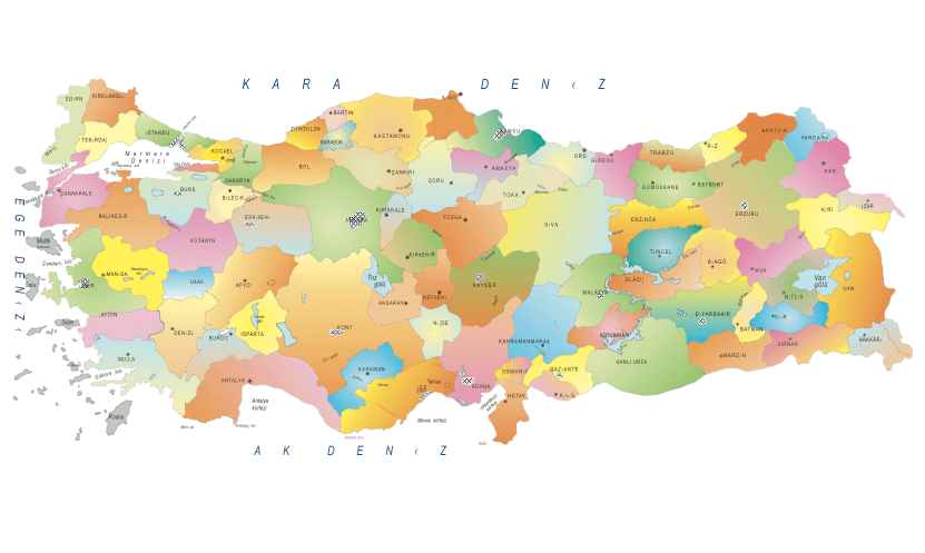 Türkiye'nin 81 ilini gösteren renkli harita