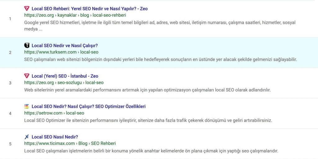 The position of a turksem.com page in the organic results for a local SEO query