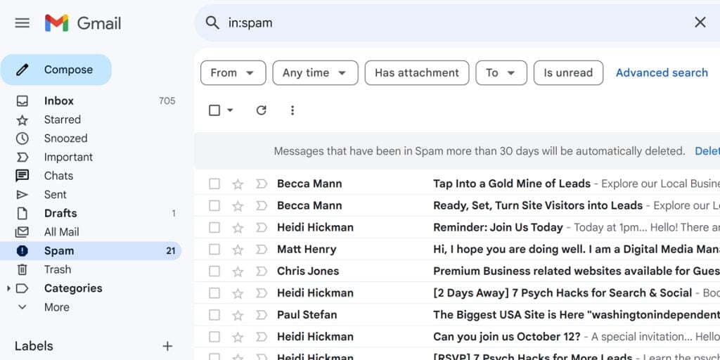 The Gmail spam folder, where campaigns sent to bought or unconsented lists end up