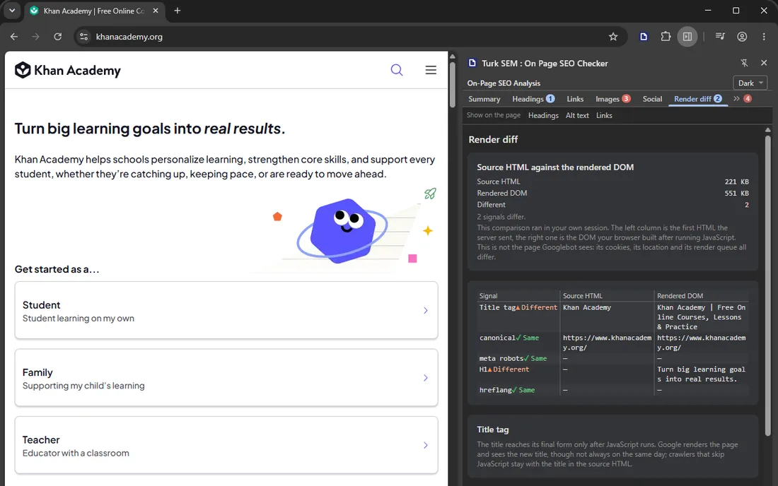 Kaynak HTML ile render edilmiş DOM iki sütun halinde: Title ve H1 satırları farklı, canonical ve meta robots aynı