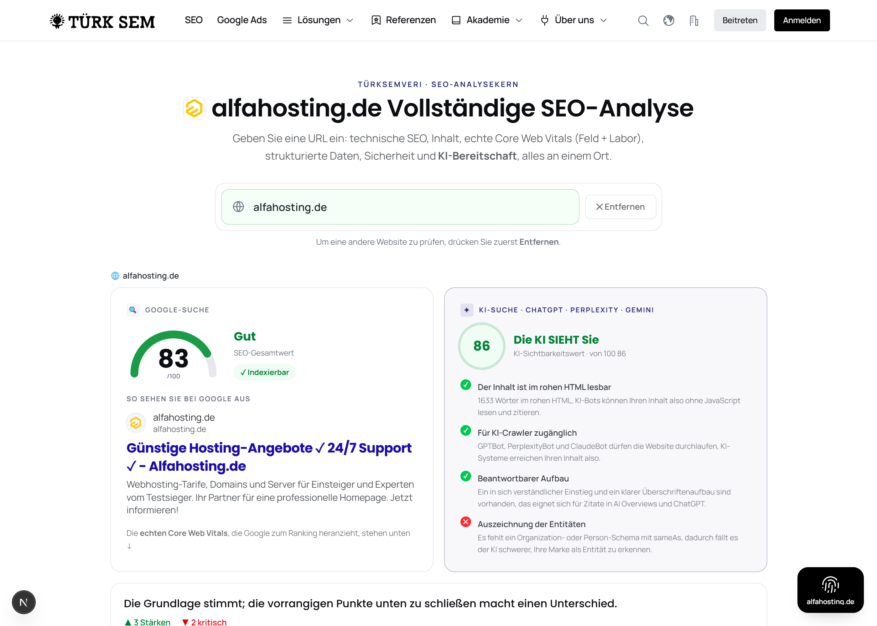 Alfahosting measurement: TTFB 1274 ms, HTTP/1.1, data center Halle