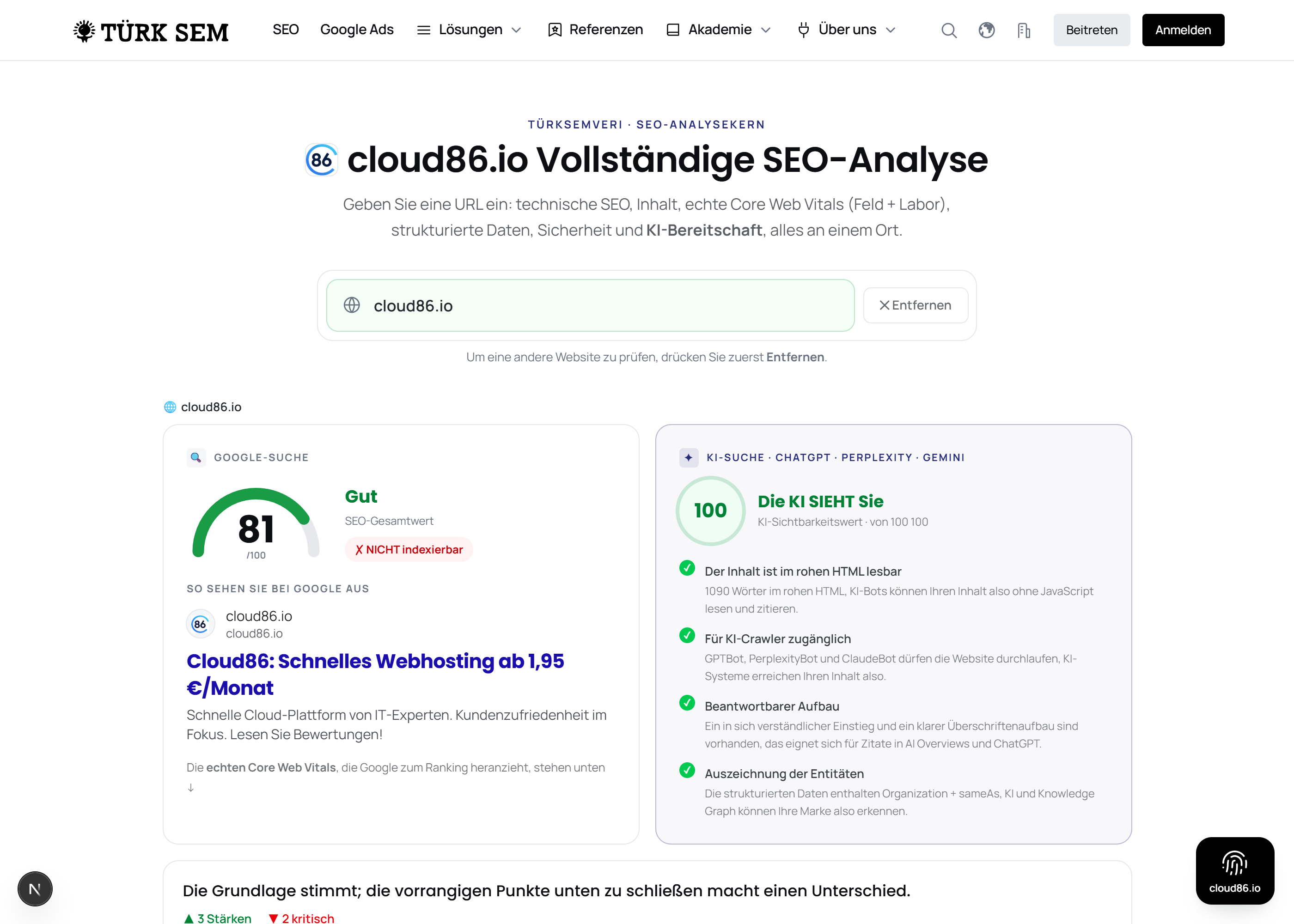 Cloud86 measurement: TTFB 1071 ms, HTTP/2, data center Istanbul