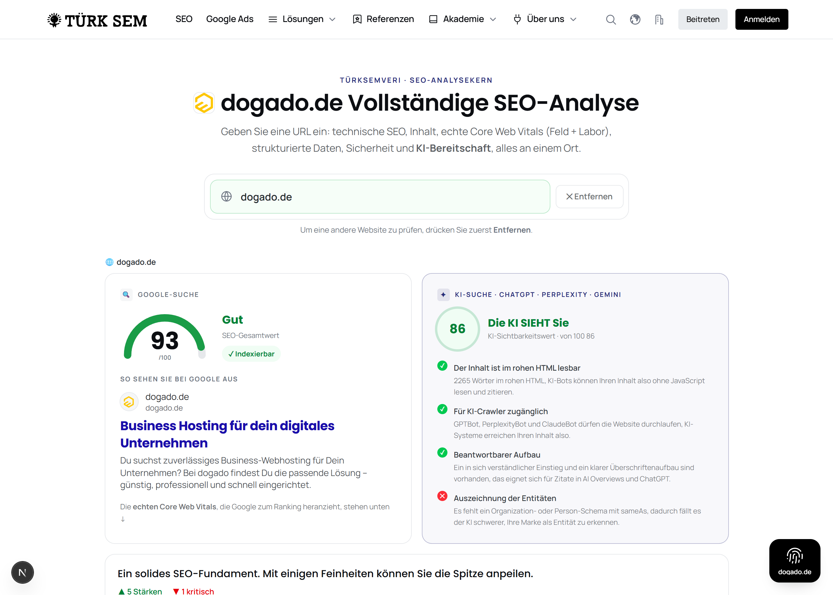 dogado measurement: TTFB 559 ms, HTTP/2, data center Dortmund