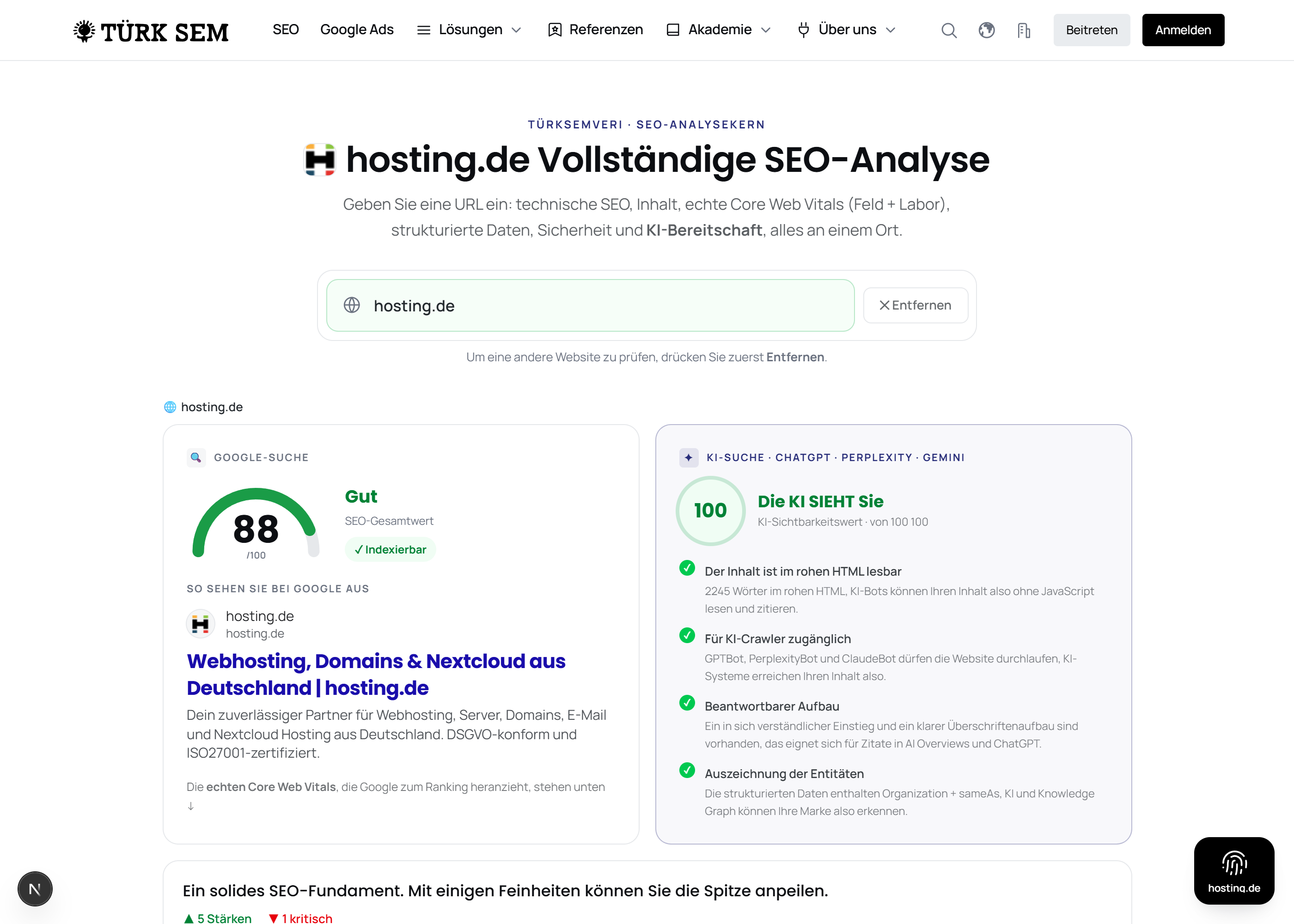 hosting.de measurement: TTFB 554 ms, HTTP/2, data center Aachen