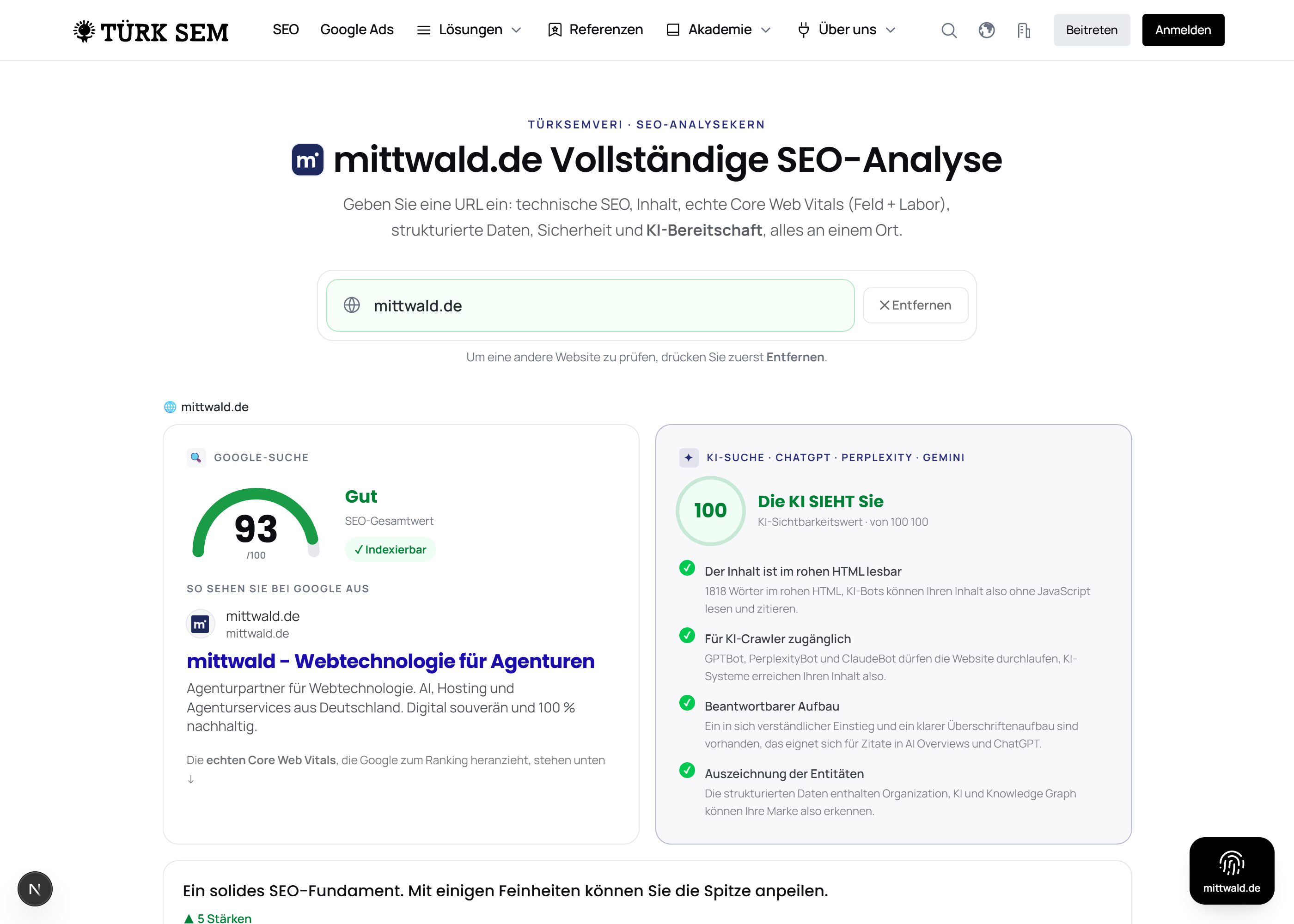 Mittwald measurement: TTFB 525 ms, HTTP/2, data center Frankfurt am Main
